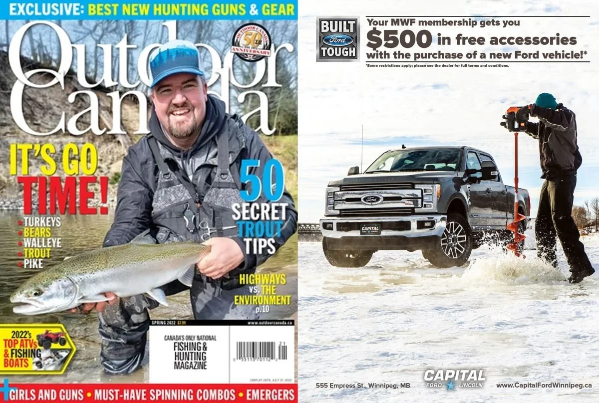 Cover of the magazine Outdoor Canada magazine with an ad for Capital Ford Lincoln in Winnipeg of a guy drilling a hole in Ice for Ice Fishing, standing in front of a Ford F250.