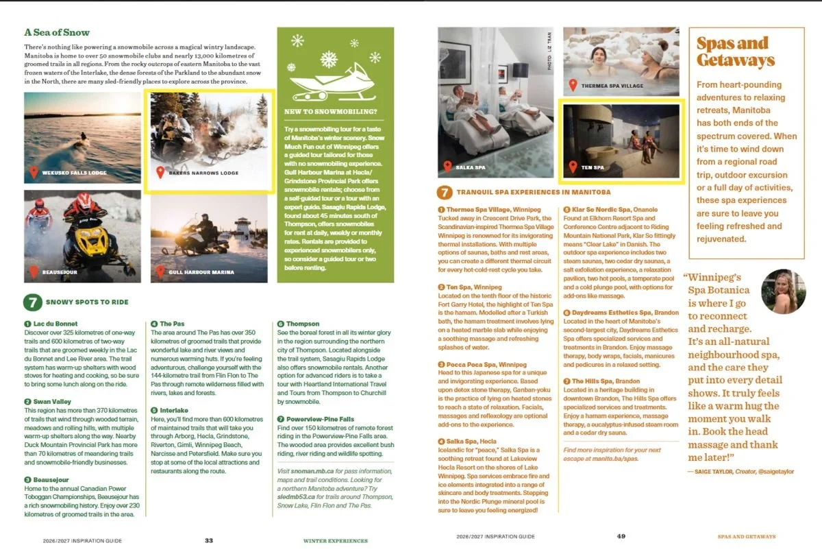 A published magazine tearheet from Travel Manitoba displaying luxury interior commercial photography of the Turkish Hamam at Ten Spa inside the historic Fort Garry Hotel in Winnipeg.