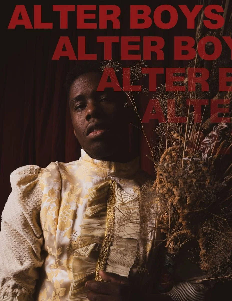 Official key art promotional media for the CBC Gem television series Alter Boys, featuring a dramatic portrait of a male actor holding dried florals, shot by an entertainment unit stills photographer.