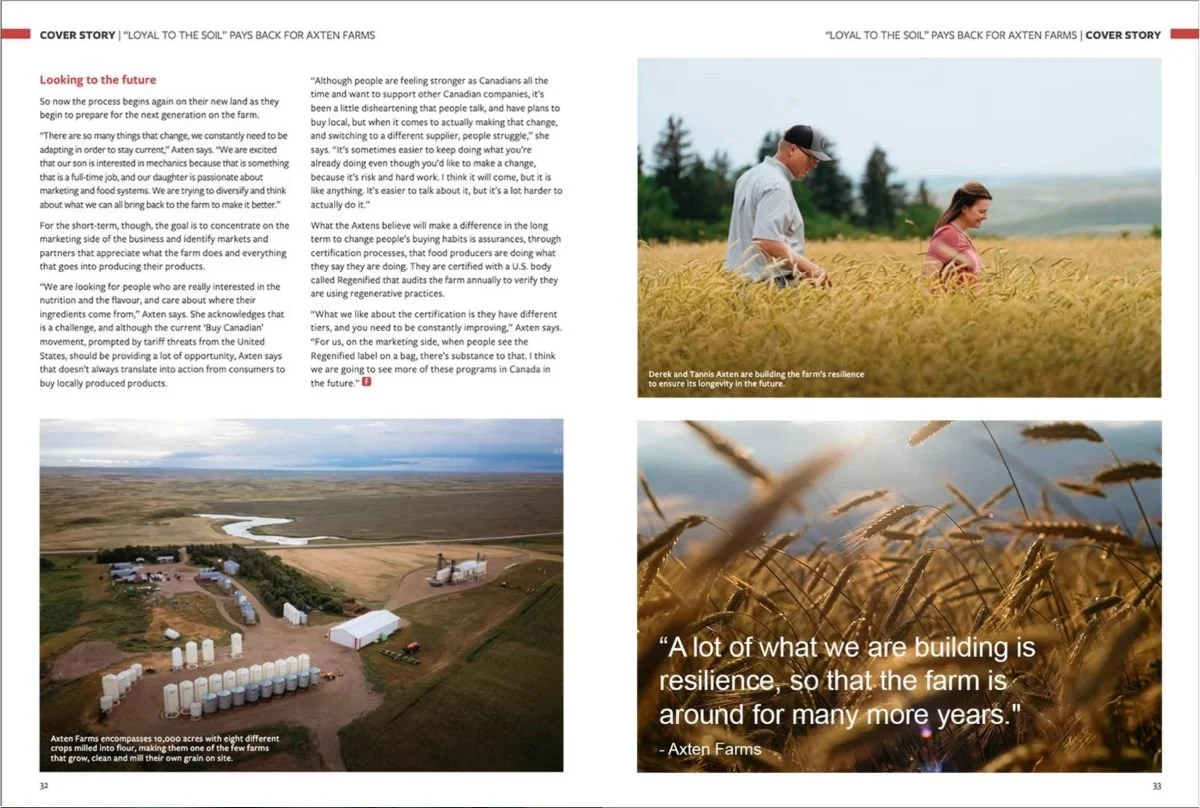 Magazine portfolio displaying a published cover story with an aerial drone photograph of a modern farm facility alongside candid portraits of farmers walking through a golden wheat field at golden hour in Minton, Saskatchewan.