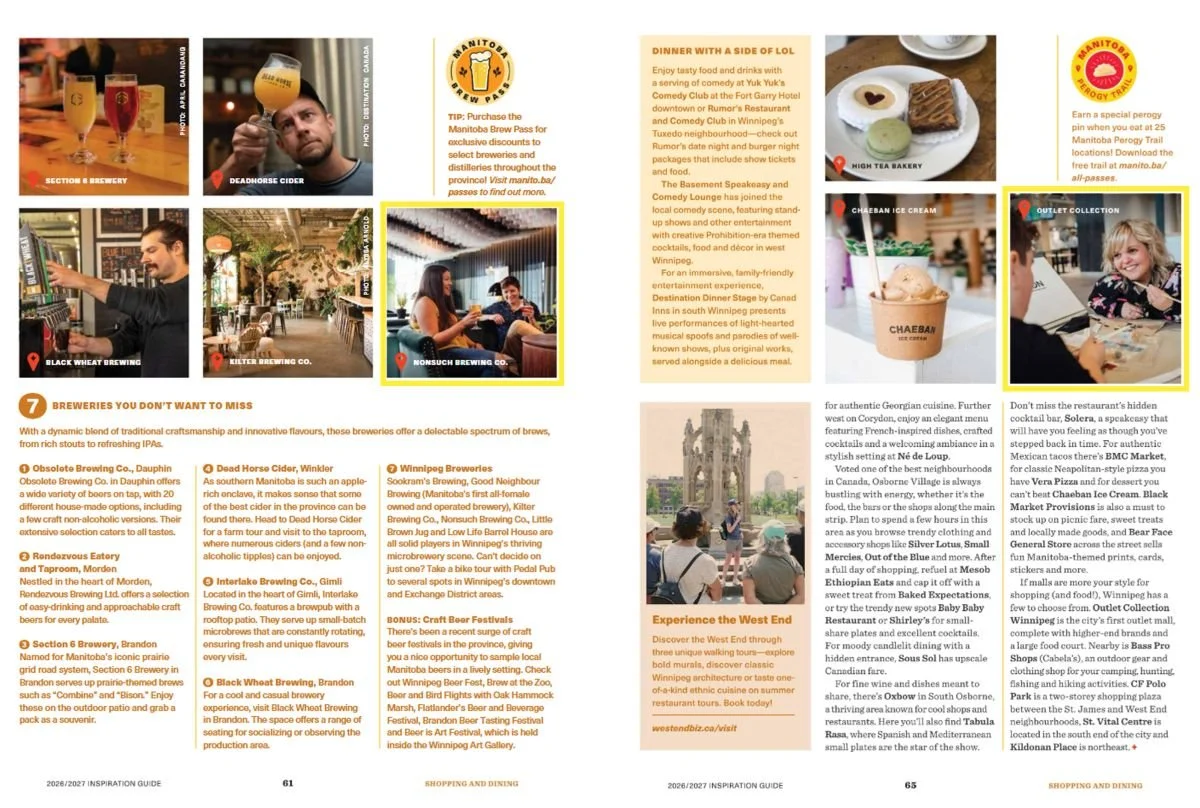 Tearsheet from a Travel Manitoba tourism magazine showcasing published commercial photography of local Manitoba craft breweries and dining spots.