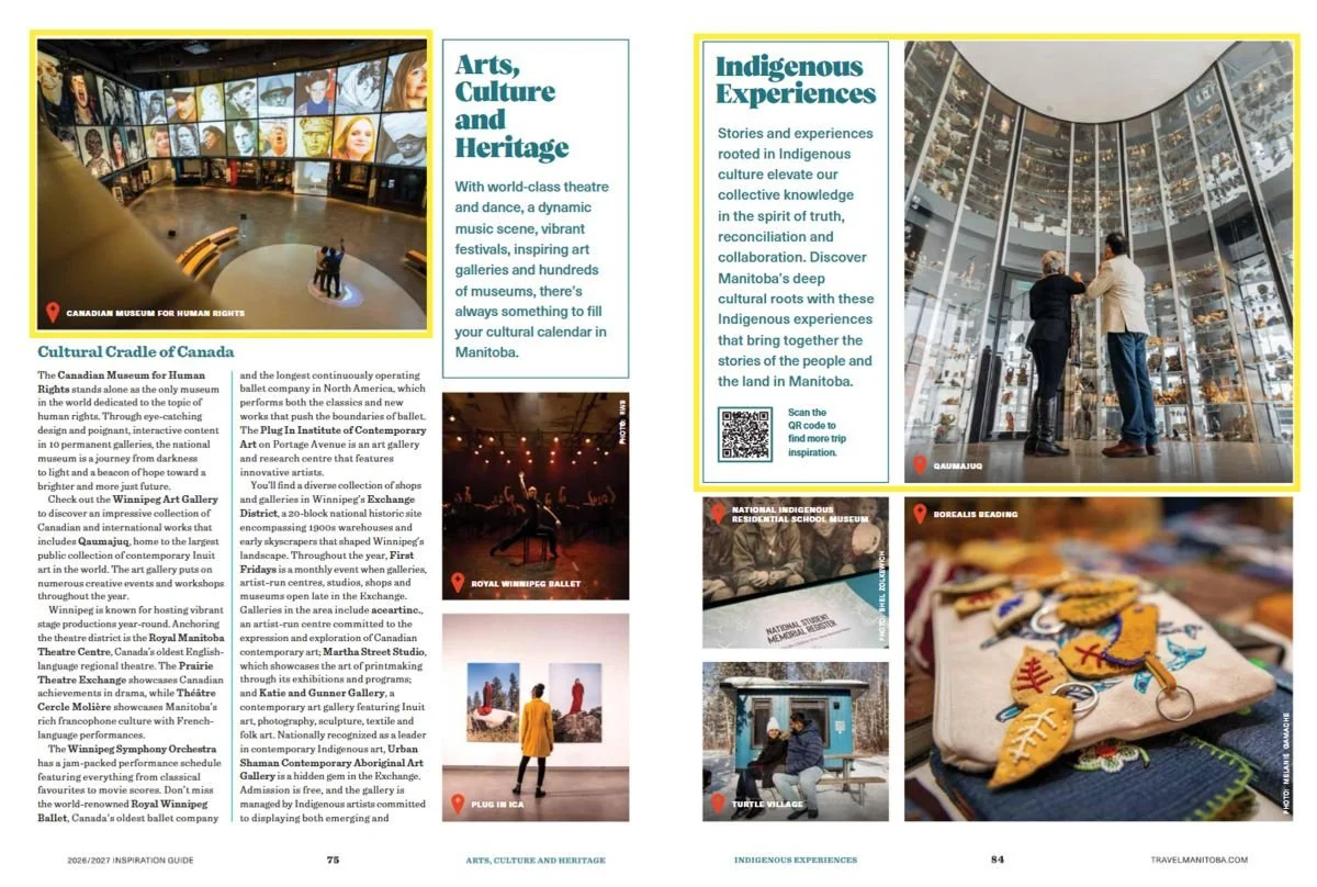 A published magazine feature in the Travel Manitoba guide displaying professional interior photography of the Canadian Museum for Human Rights and the Winnipeg Art Gallery.