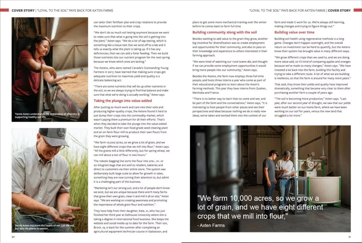 Commercial agriculture portfolio layout from Farming for Tomorrow magazine, featuring close-up documentary photography of grain quality inspections and farmers working on an organic family farm in Minton, Saskatchewan.