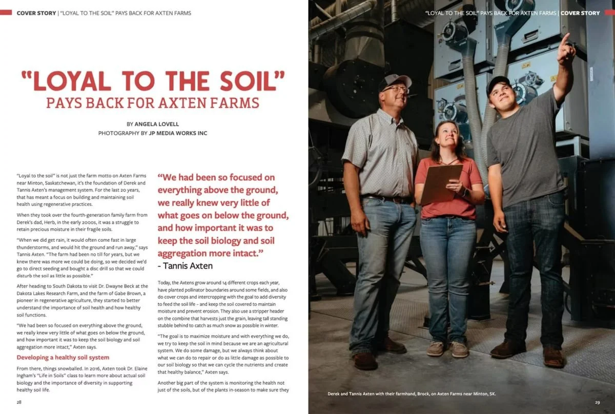 Editorial photography feature spread titled Loyal to the Soil, showcasing a professional industrial portrait of Derek and Tannis Axten with their farmhand inside an agricultural processing facility in Minton, Saskatchewan.