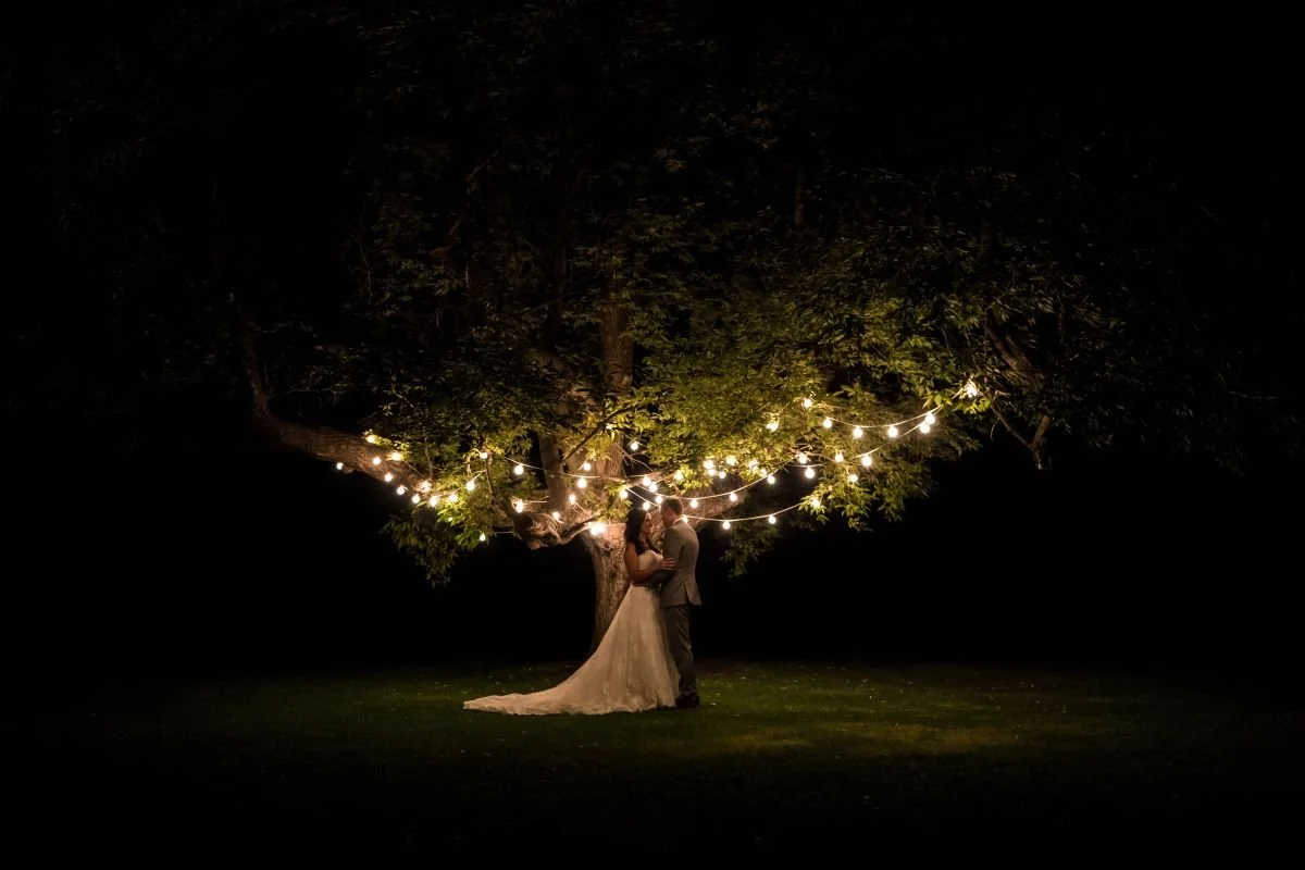 A wide-angle night wedding portrait of a bride in a white dress and groom in a grey suit embrace under a large ash tree illuminated by hanging bistro string lights at Ashgrove Acres venue, captured by a Winnipeg wedding photographer.
