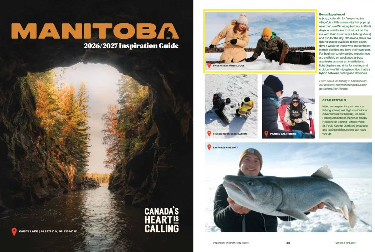 Editorial tourism portfolio showcase highlighting a published front cover design for Travel Manitoba, capturing a sunny summer day on the water at Caddy Lake.