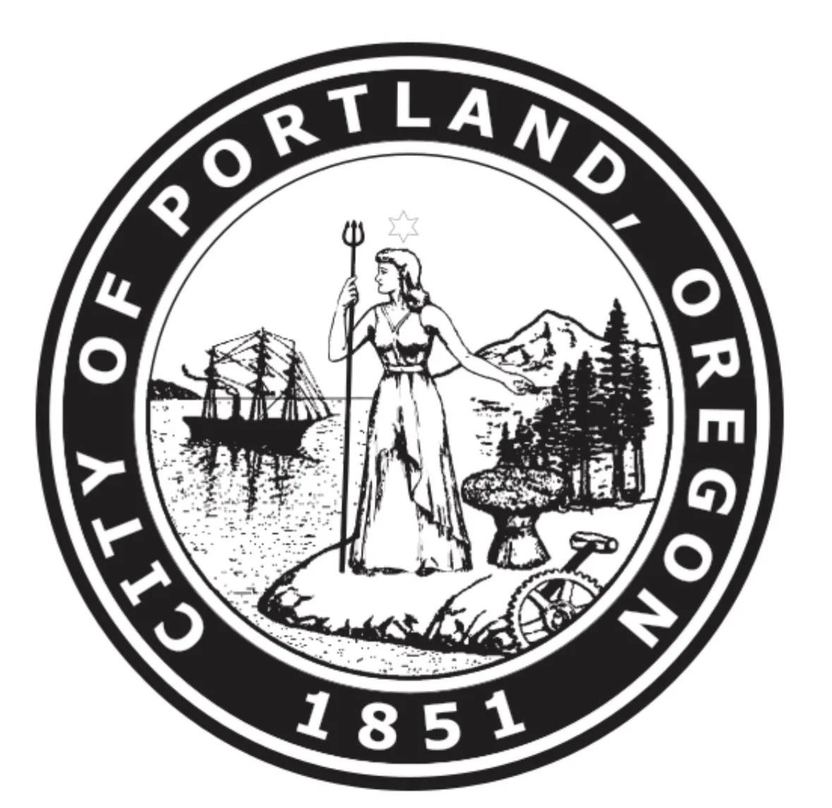 Seal of the City of Portland, Oregon featuring a woman holding a trident, a sailing ship on water, trees, mountain, and objects like a pedestal and a wheel, with the year 1851.