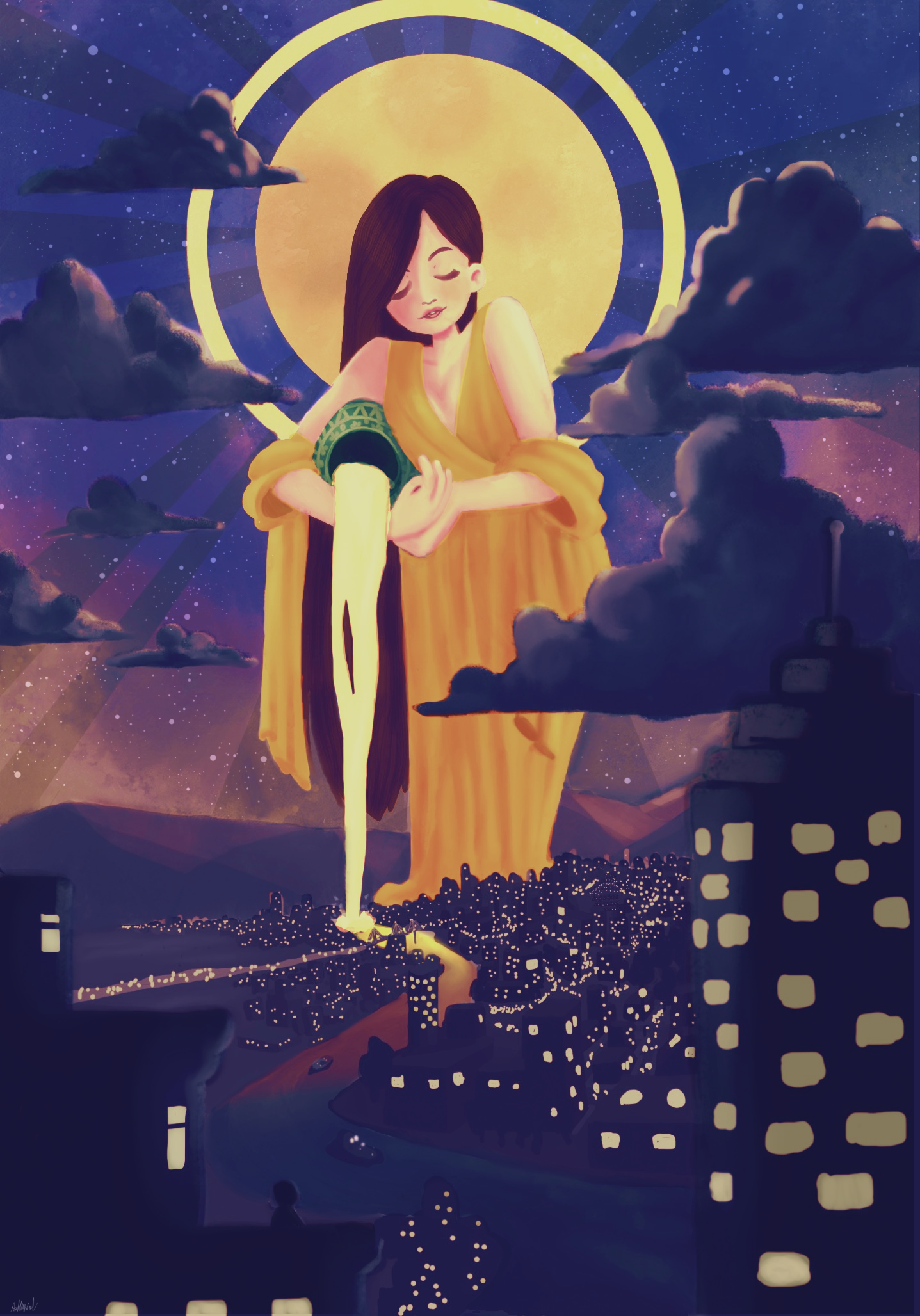 Illustration of a woman with long dark hair in a yellow dress, standing with her eyes closed in front of a large glowing moon with a halo. The sky is filled with stars and dark clouds, and there are silhouettes of buildings and trees below.