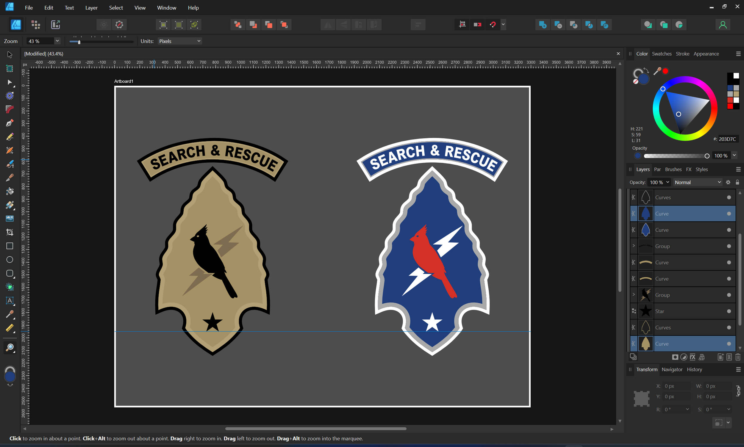 Two search and rescue patches side by side on a digital design workspace. The left patch is beige with a black bird and black text arching over it that reads "SEARCH & RESCUE." The right patch is blue with a red bird, a lightning bolt, and white stars, with white text arching over it also reading "SEARCH & RESCUE."