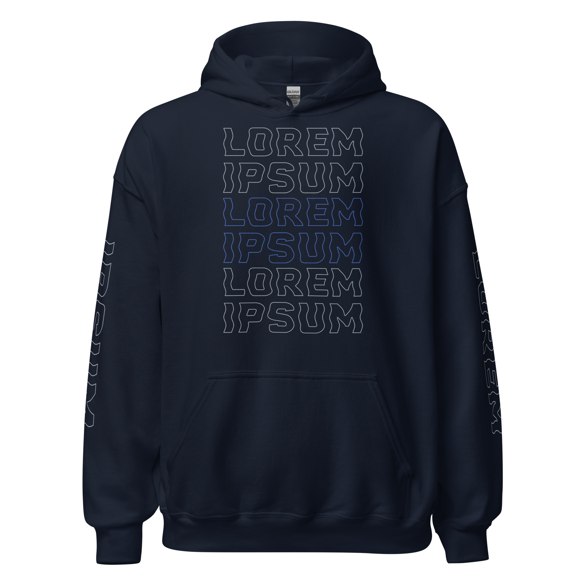 Dark blue hoodie with repeated text 'LOREM IPSUM' in white and blue outlines, displayed on a mannequin against a black background.