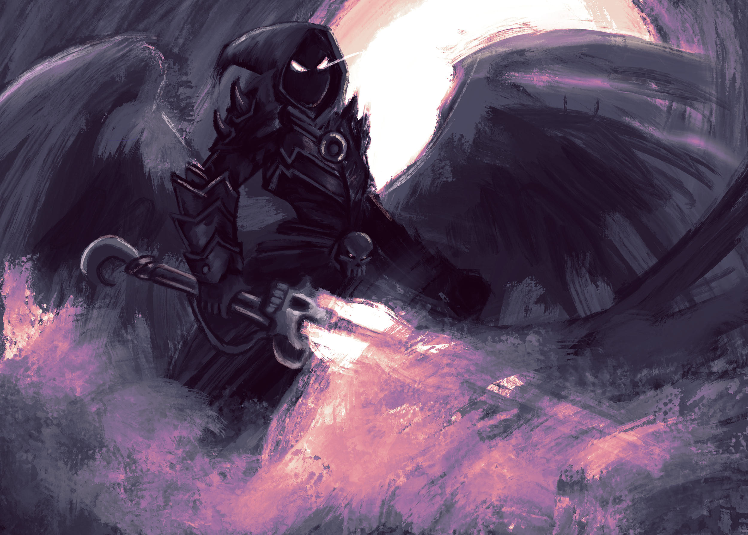 Digital painting of a dark, hooded figure with glowing eyes, standing amidst swirling purple and pink hues, with mountains and a bright light in the background.