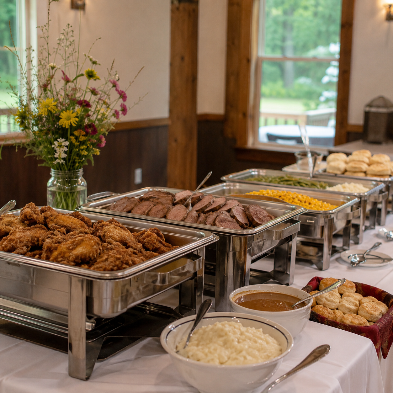 Buffet table with fried chicken, sliced roast beef, green beans, corn, mashed potatoes, gravy, dinner rolls, and dessert, with a vase of flowers in a rustic dining room with windows and greenery outside.