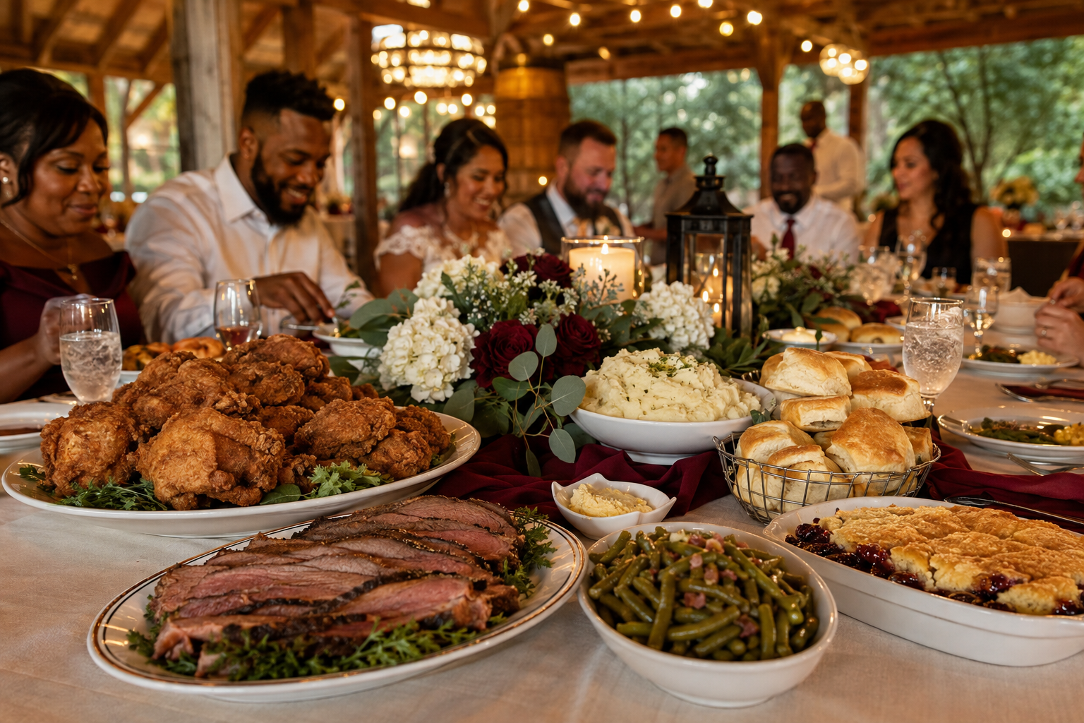 A festive family gathering with a large table of food, including fried chicken, sliced beef, green beans, mashed potatoes, dinner rolls, and a fruit pie, with people smiling and enjoying the meal in a rustic decorated venue.