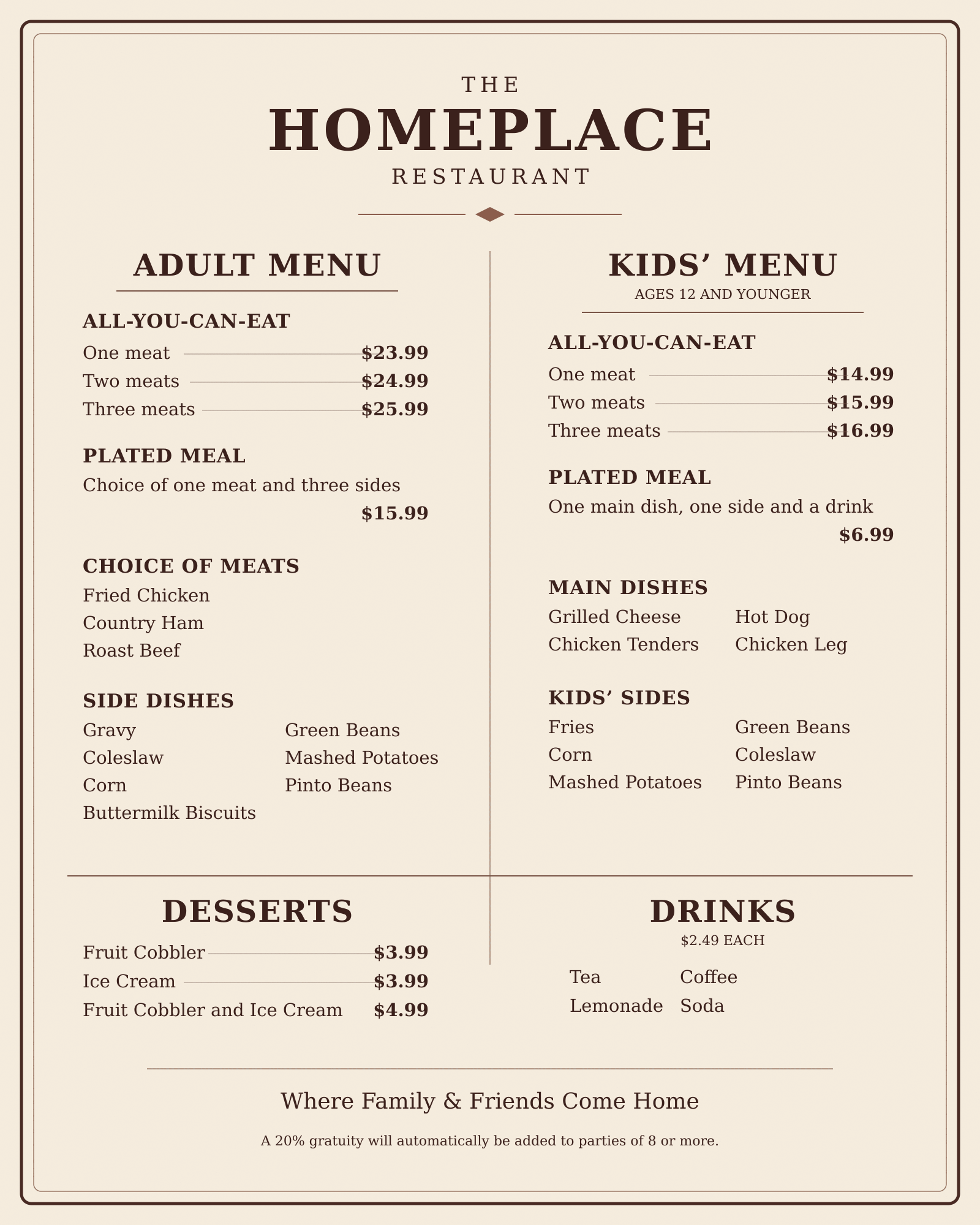The Homeplace full menu including food and price.