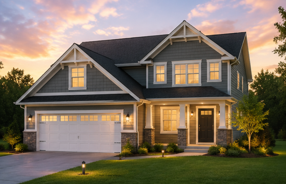 A two-story house with dark gray siding and white trim, illuminated by exterior lights at sunset, surrounded by a well-maintained lawn and trees.