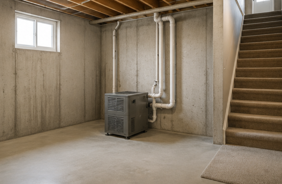 Basement with unfinished concrete walls, a small window, a stairway with carpeted steps, and a furnace with white pipes.