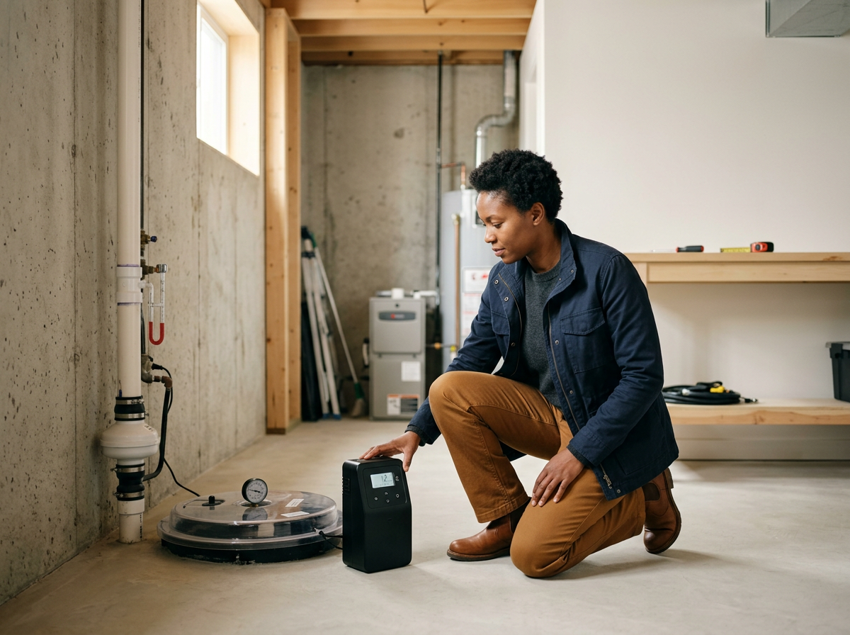 A woman kneeling on a concrete floor in a basement, adjusting a portable home water filtration or testing device connected to a pipe, with tools and appliances in the background.
