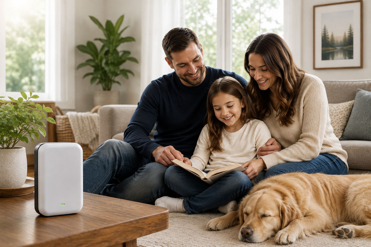 Family sitting on the floor reading a book together, with a golden retriever lying down beside them in a living room.
