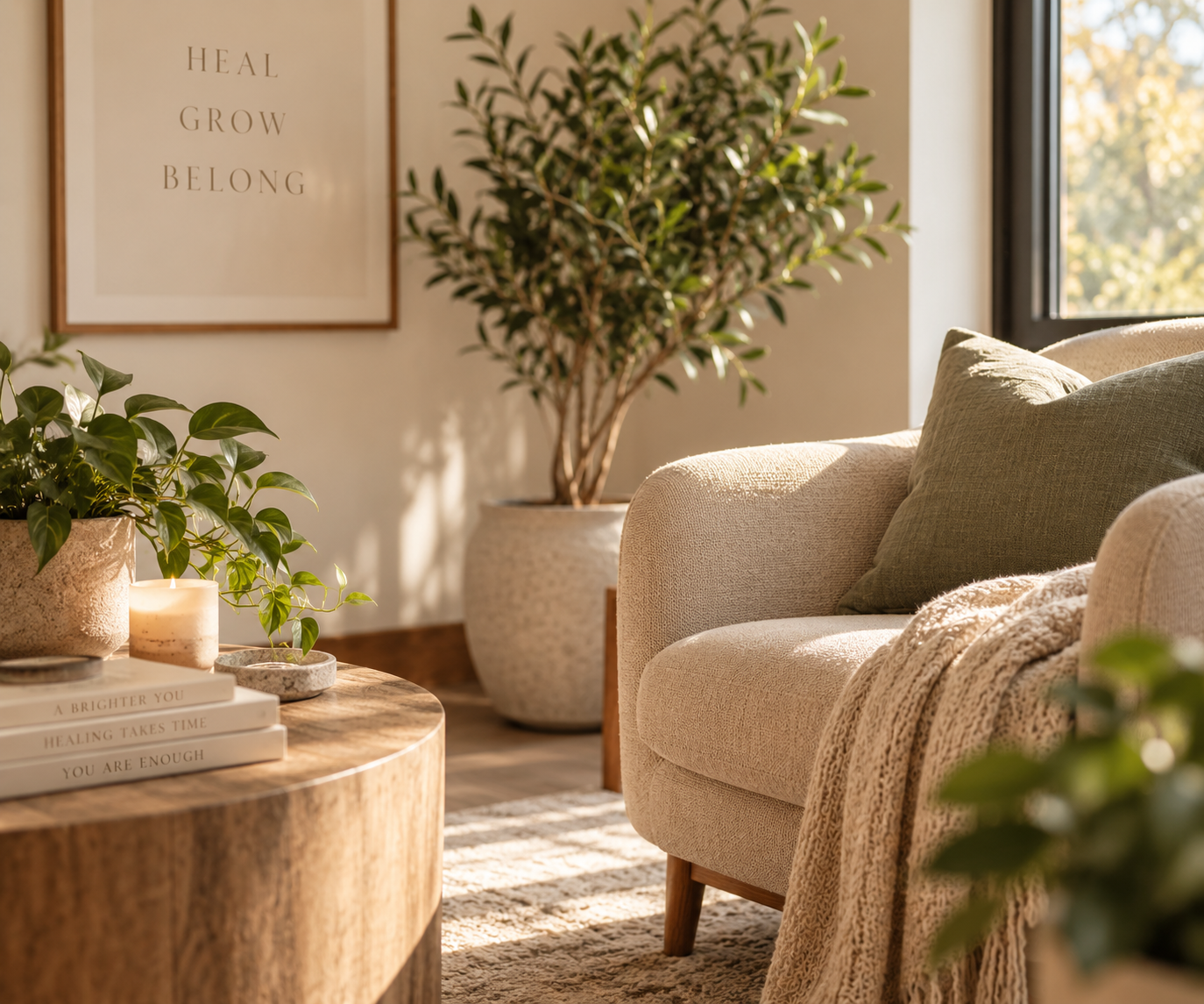 Cozy therapy office with neutral decor, plants, books and wall art reading "heal Grow Belong."