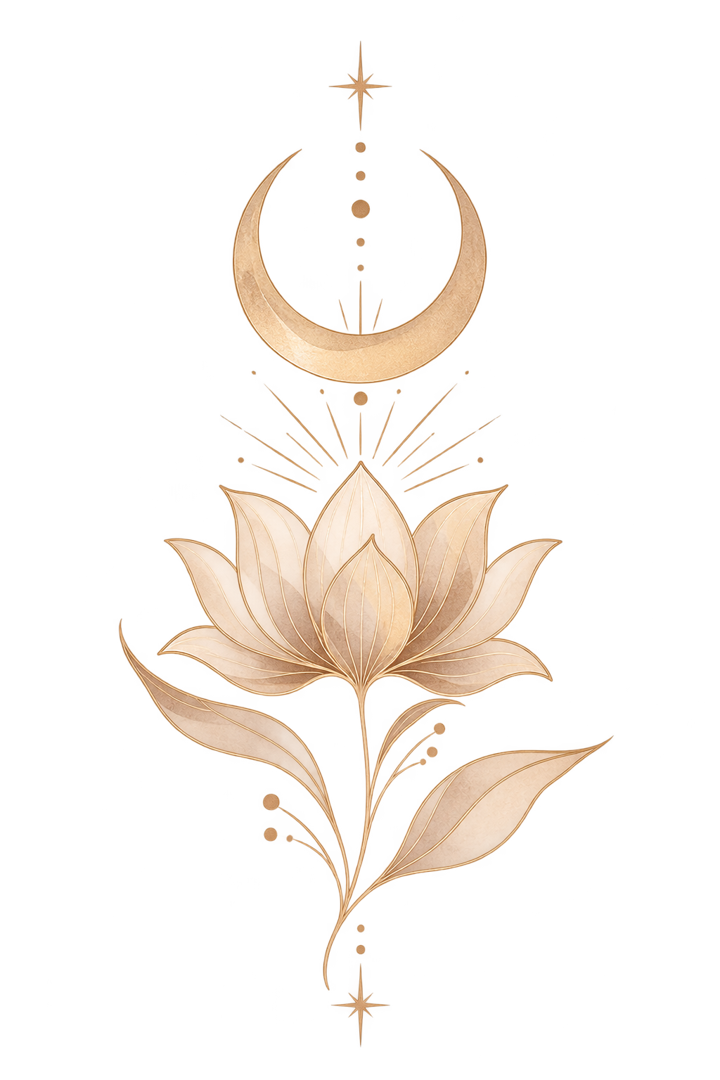 Gold crescent moon and a lotus flower with radiant lines, glowing, against a dark background.