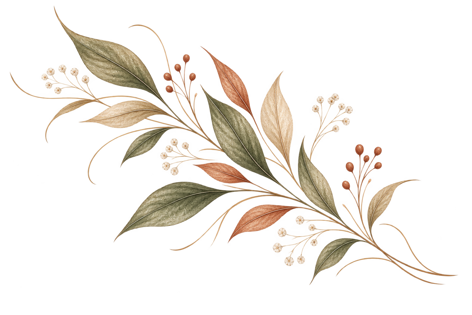 Decorative illustration of a leafy branch with white flowers and berries in muted tones of beige, green, and coral.