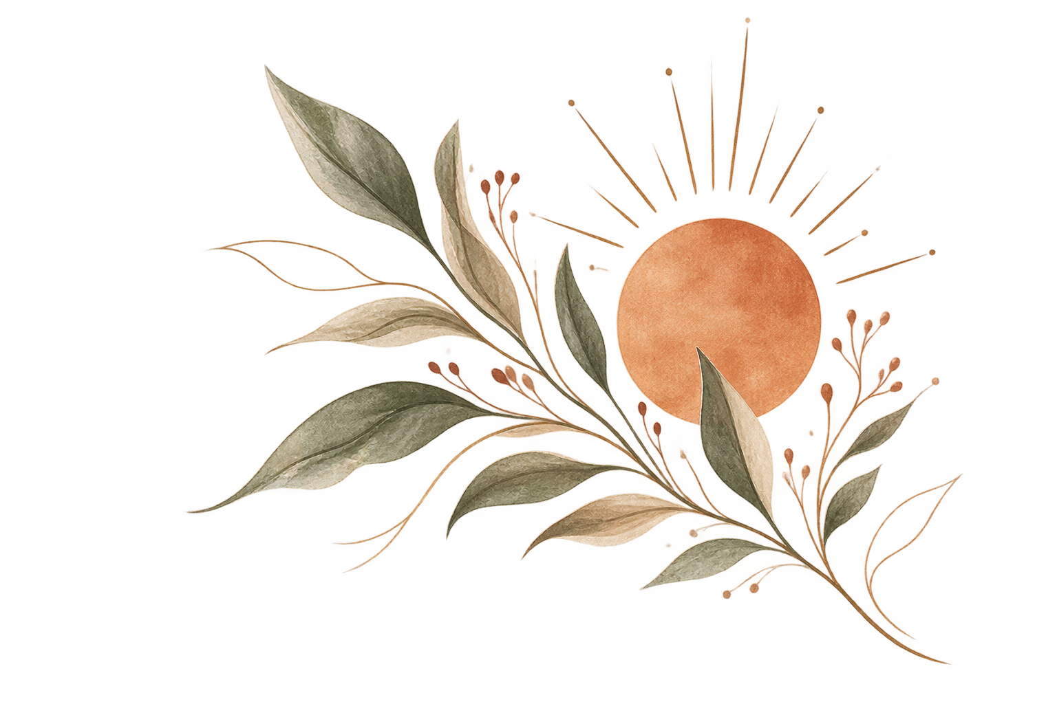 An artistic illustration featuring a large orange sun, a branch with green and beige leaves, and small orange berries, set against a dark background.