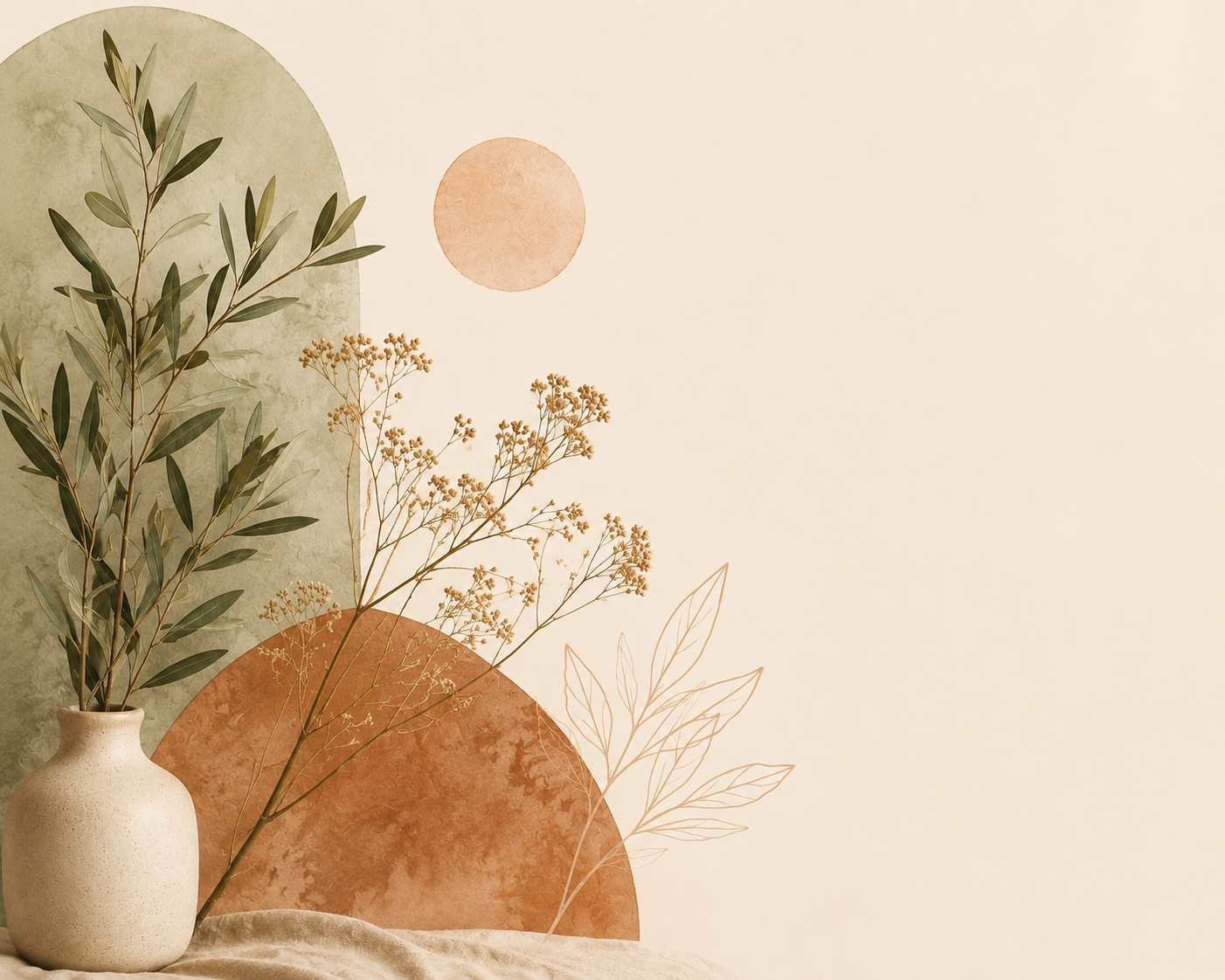 A beige ceramic vase holding leafy green branches and soft abstract wall art in green, peach, and orange tones.