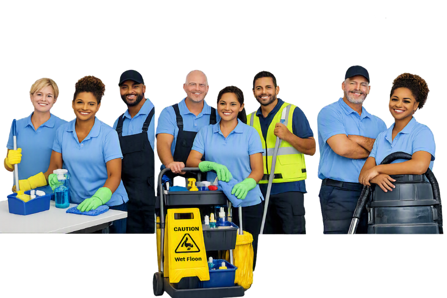 Group of cleaning professionals wearing blue uniforms and safety gear, standing with cleaning supplies and equipment, smiling at the camera.