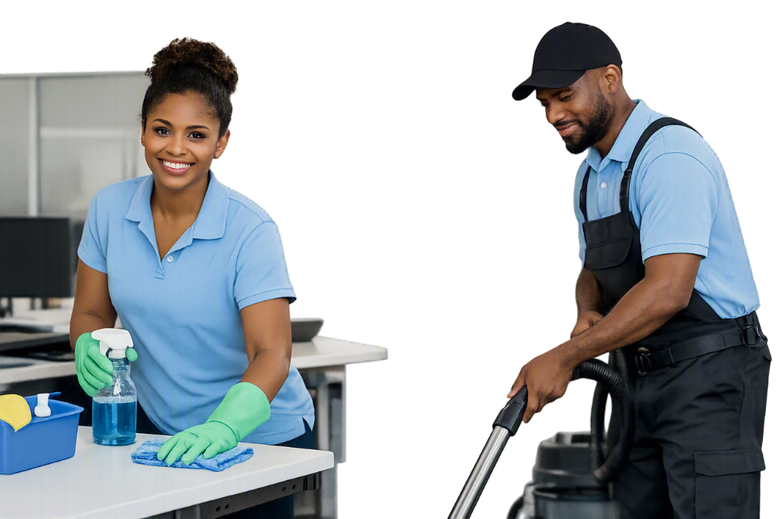 Two cleaning workers, a woman with curly hair wearing green rubber gloves and a blue polo shirt, smiles at the camera while holding a spray bottle and a cloth. A man with a beard, wearing a black cap, blue polo shirt, and black apron, uses a vacuum cleaner.