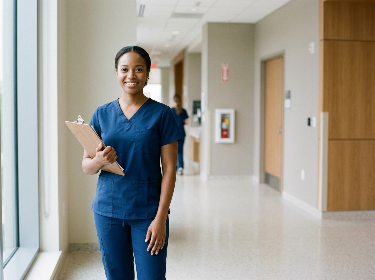 A smiling female nurse in blue scrubs holding a clipboard stands in a hospital hallway.