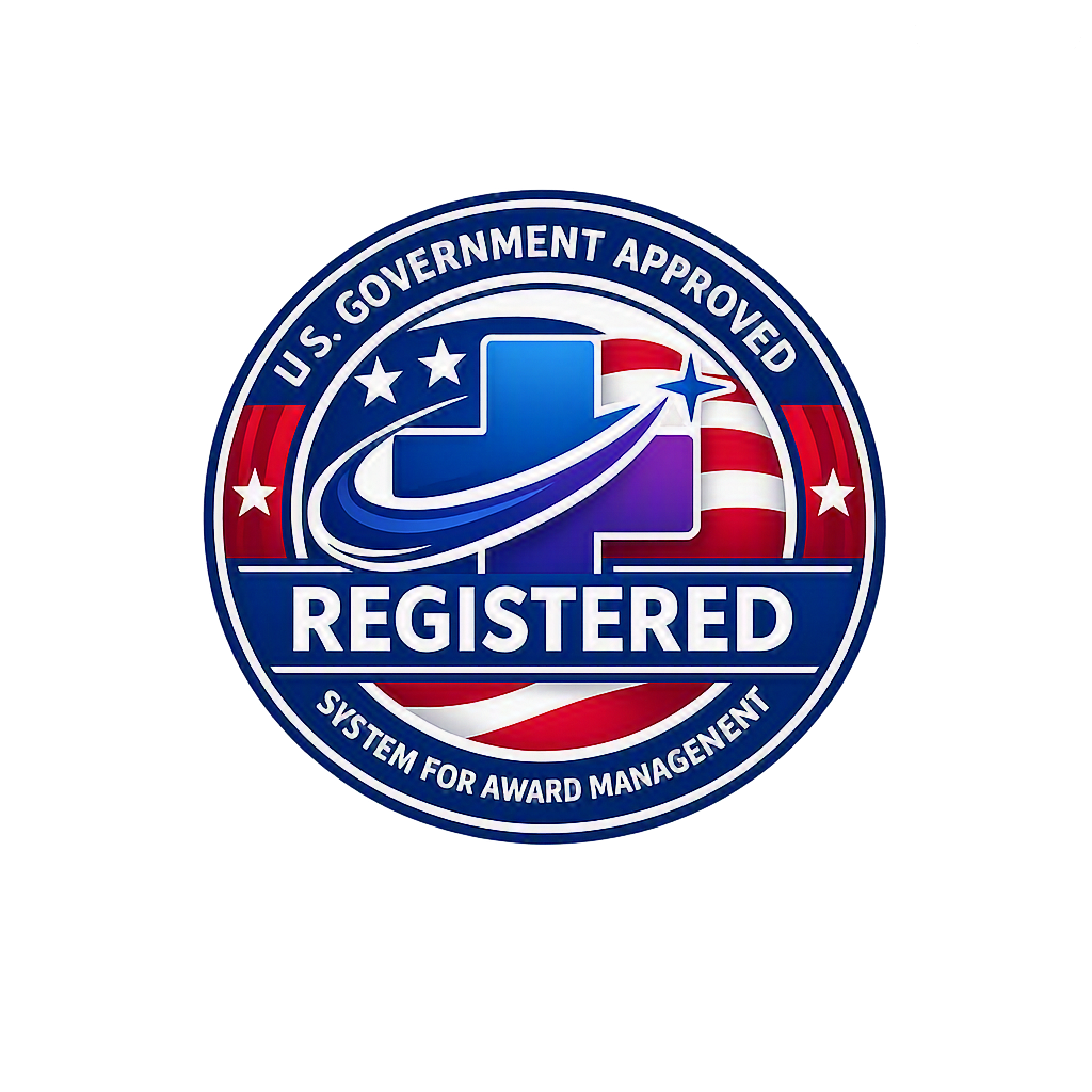 U.S. government approved registered system for award management badge with a blue cross, red and white stripes, stars, and a swoosh design.