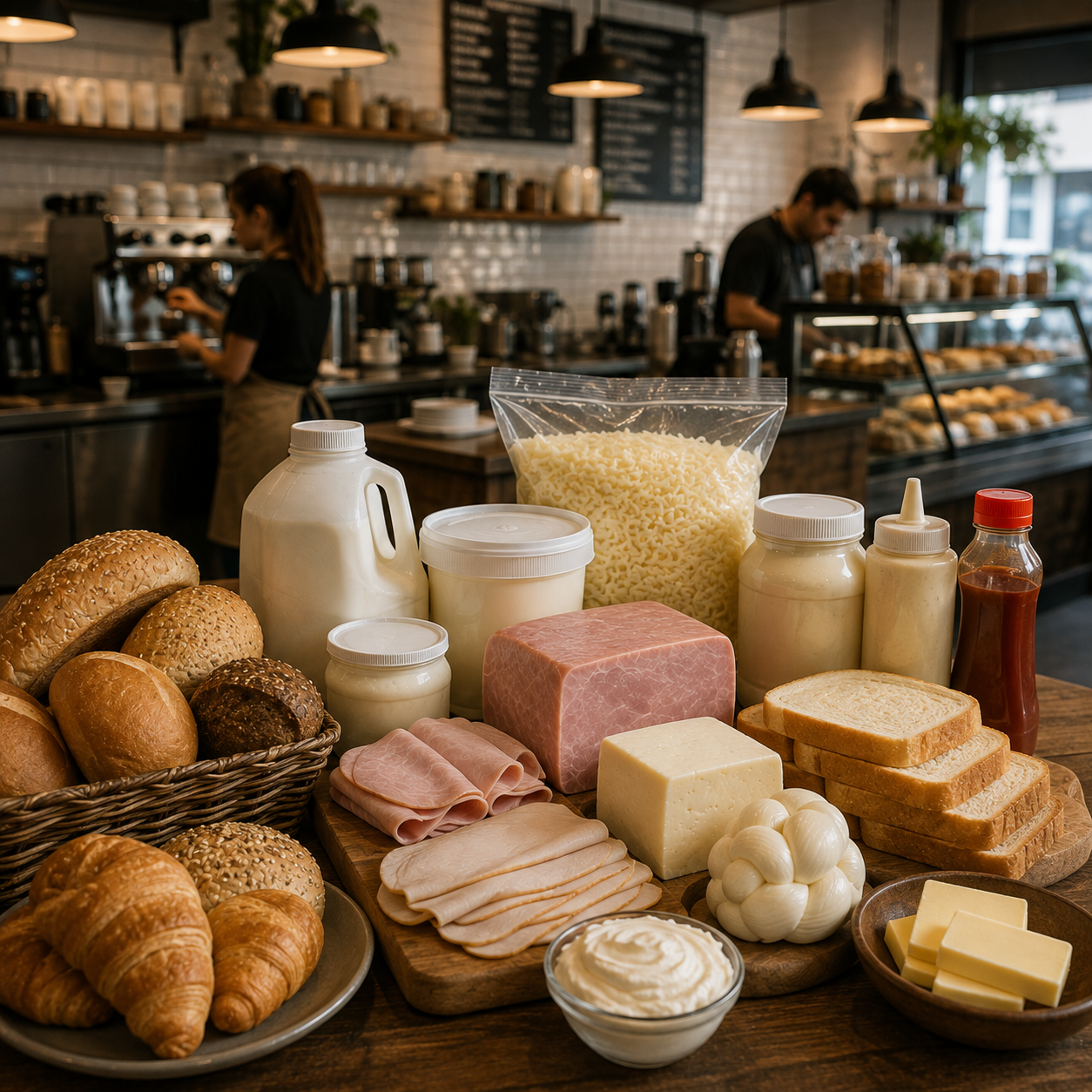 Cafeterías
Productos seleccionados para cafeterías, desayunos y alimentos preparados. Quesos, jamón, pechuga de pavo, lácteos, mantequilla, pan y complementos para cubrir las necesidades diarias de tu negocio.