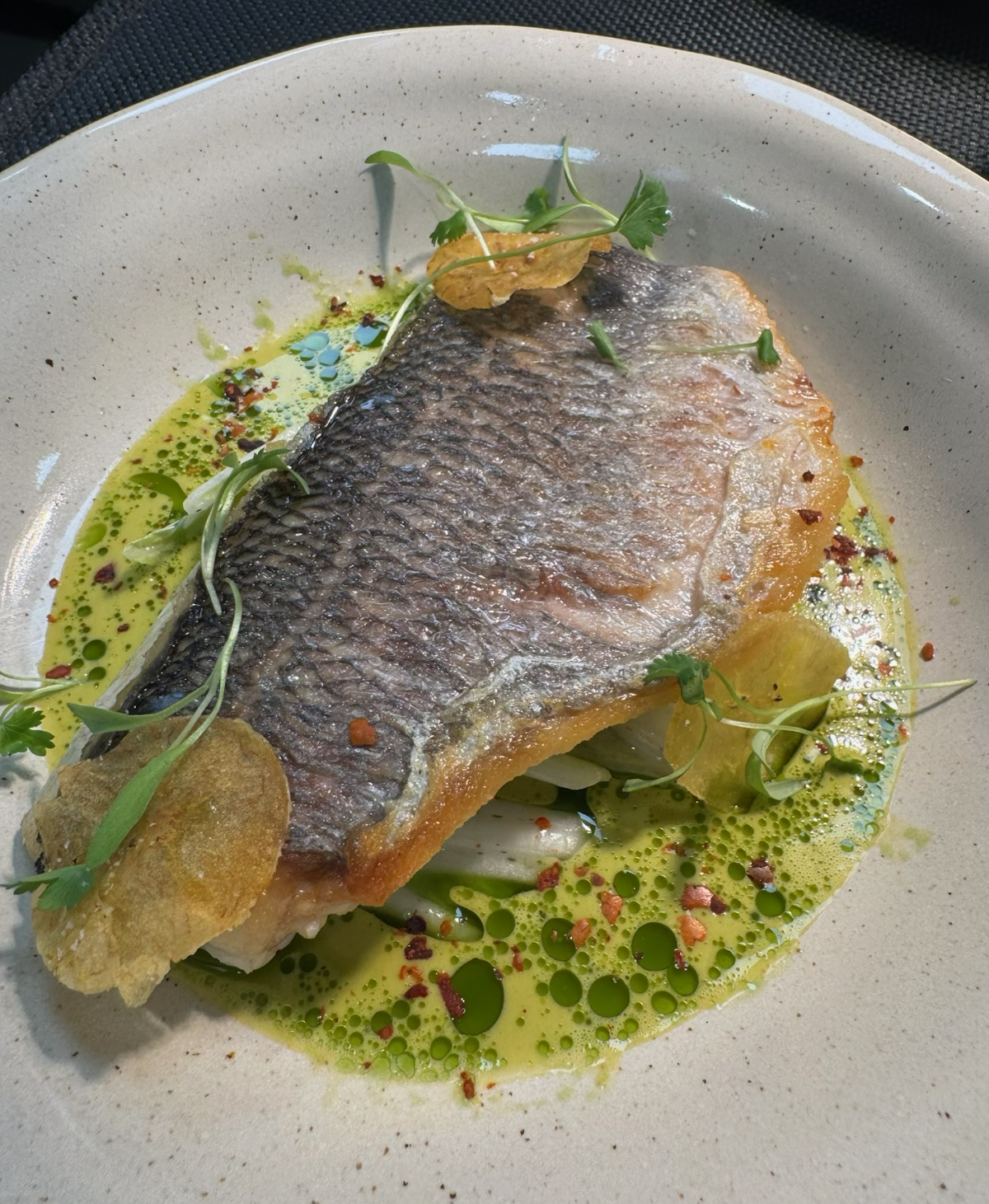 Pan-seared fish course with seasonal herb emulsion for private dinner