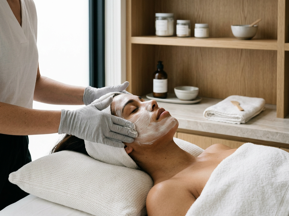 A woman receives a facial treatment in a spa, lying on a treatment bed with her eyes closed, as a professional applies a facial mask over her face.