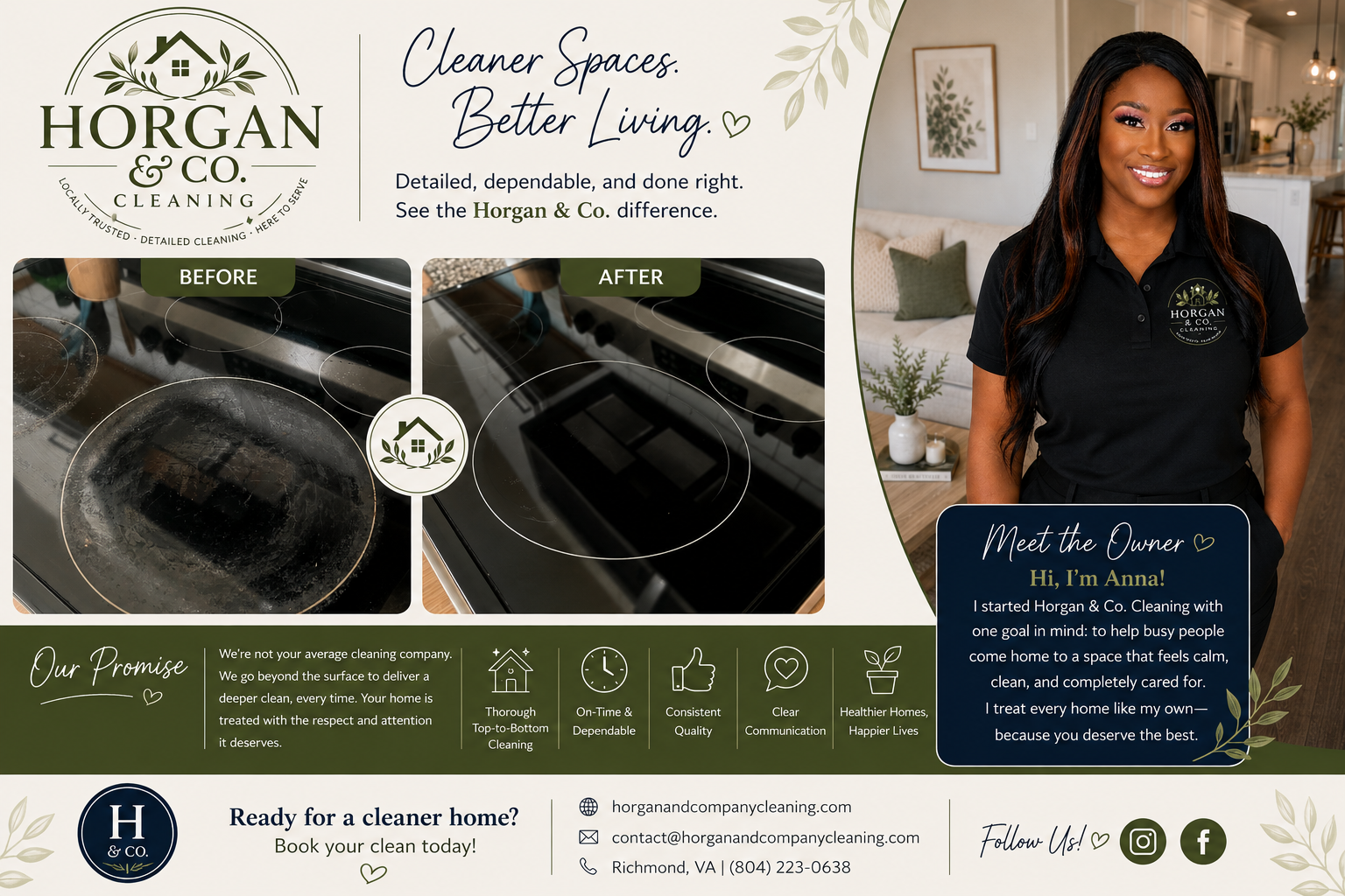 Advertisement for Horgan & Co. Cleaning featuring a logo with house and leaf design, before and after images of a dirty and cleaned stovetop, a photo of a smiling woman owner wearing a black polo shirt with the company's logo, and a message from Anna explaining her mission to provide thorough, dependable, and quality cleaning services for homes, with contact information and social media icons.