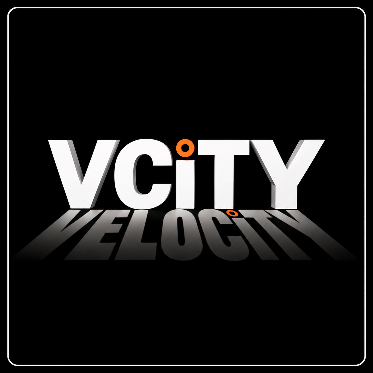 The V-City logo with large white 3D letters and orange dots, casting a shadow on a black background.
