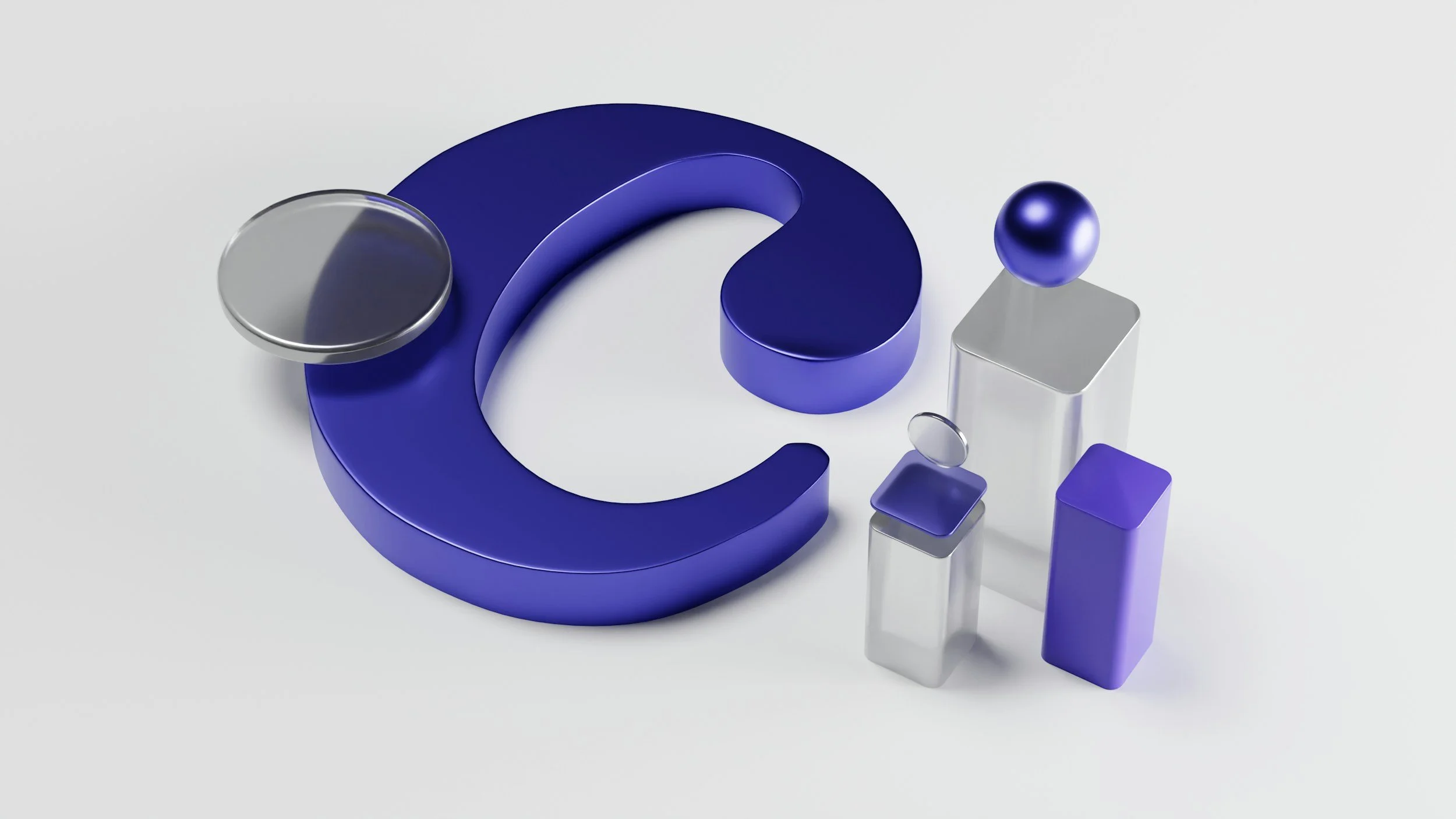 Blue question mark symbol surrounded by various 3D geometric shapes including a silver disc, purple sphere, silver cube, and purple and silver rectangular prisms arranged on a light gray surface.