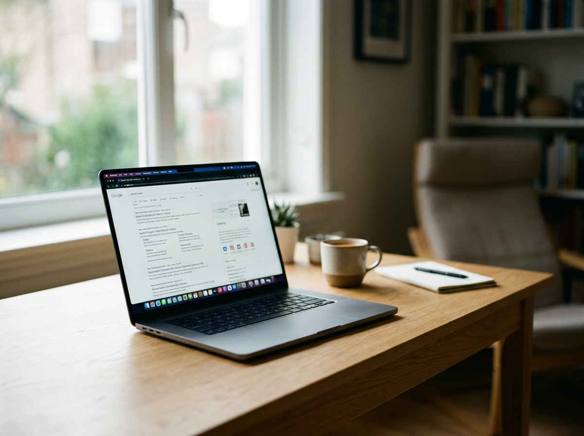 Wooden desk with an open MacBook displaying a Google search results page, accompanied by two coffee mugs, a potted plant, a notepad with a pen, near a window in a cozy home office.