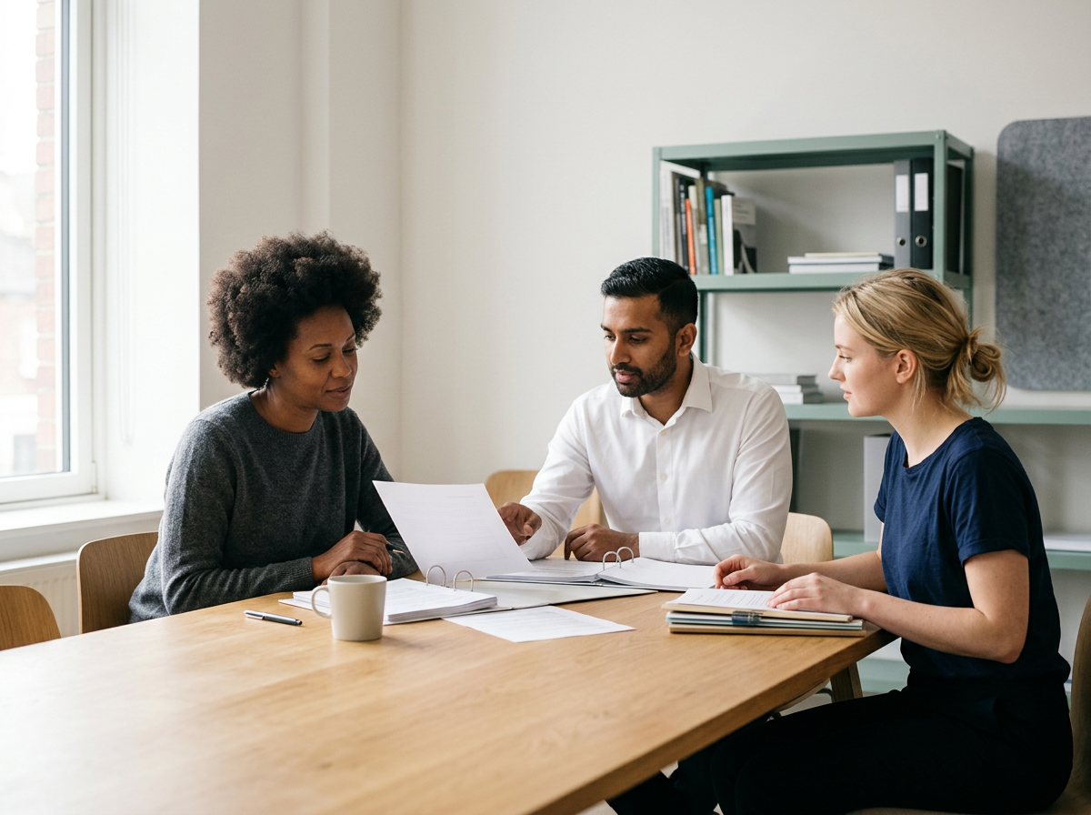 Three people sitting at a wooden table in a meeting room, reviewing documents together.