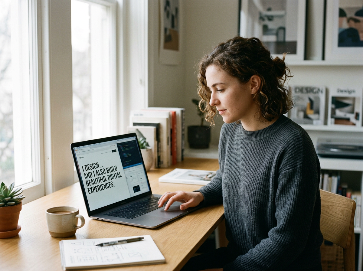 A woman with curly hair working on a laptop at a desk near a window, with books, a coffee mug, and a notebook.