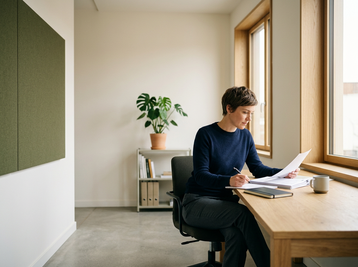 A woman sitting at a wooden desk near large windows, reading and taking notes from documents, with a potted plant and bookshelf in the background.