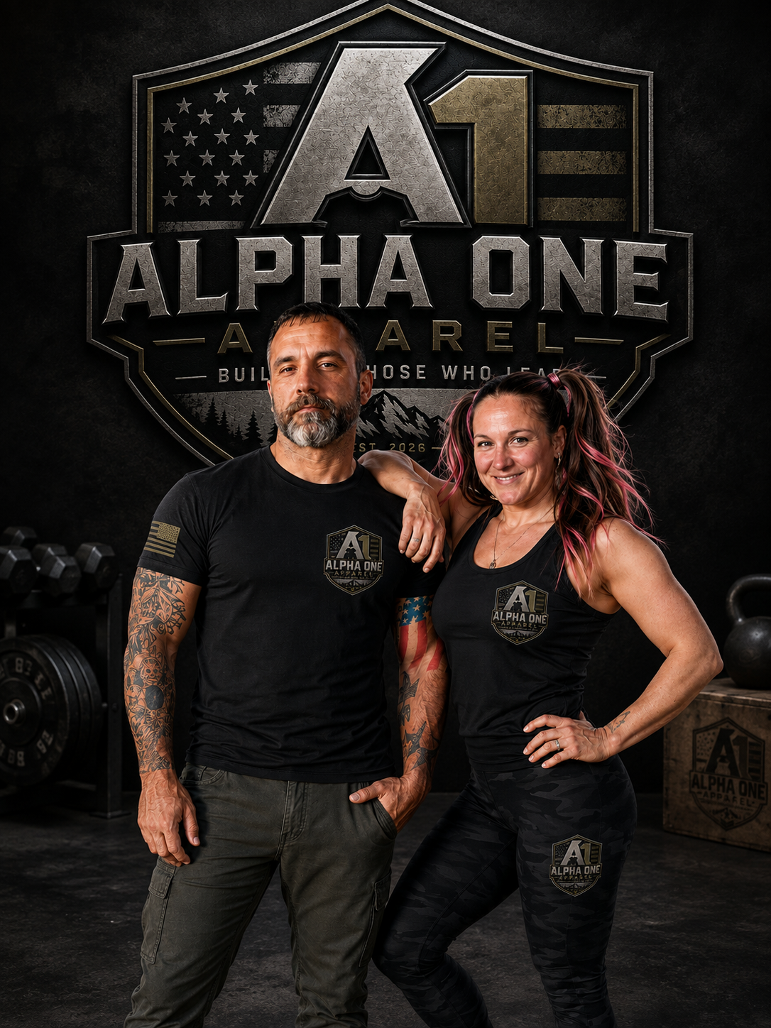 Man and woman in black athletic shirts with "Alpha One" logo, standing in front of large Alpha One sign with American flag and mountain graphics, gym equipment in background.