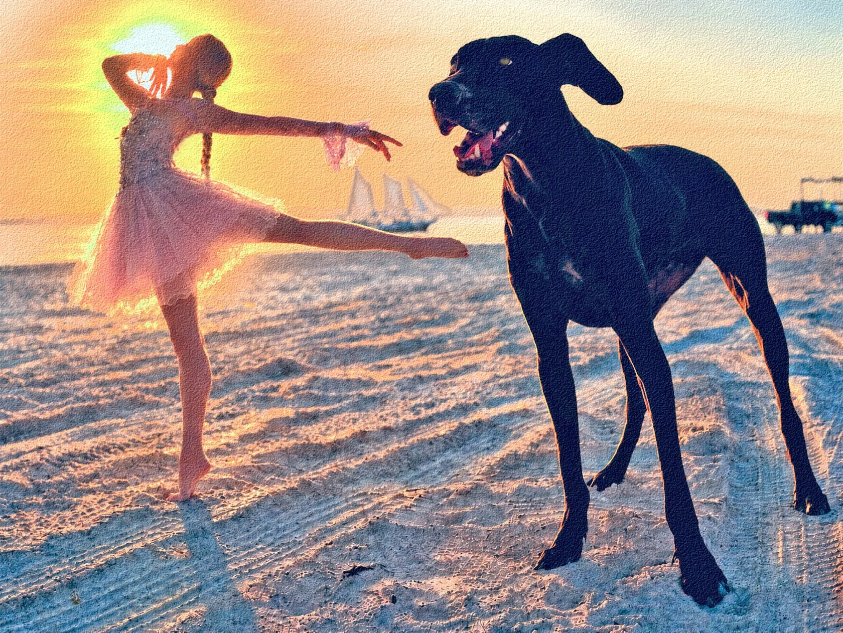 A girl in a pink dress playing with a black dog on the beach at sunset, with a sailboat in the background.