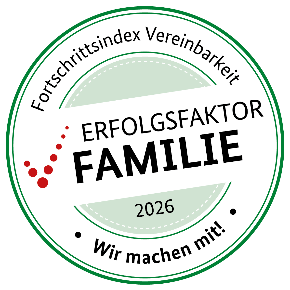 Rundes Logo für Erfolgslosfamilie 2026 mit grüner und weißer Gestaltung, Text 'Fortschrittsindex Vereinbarkeit', 'Wir machen mit!', und Illustration einer roten Punkte-Darstellung.