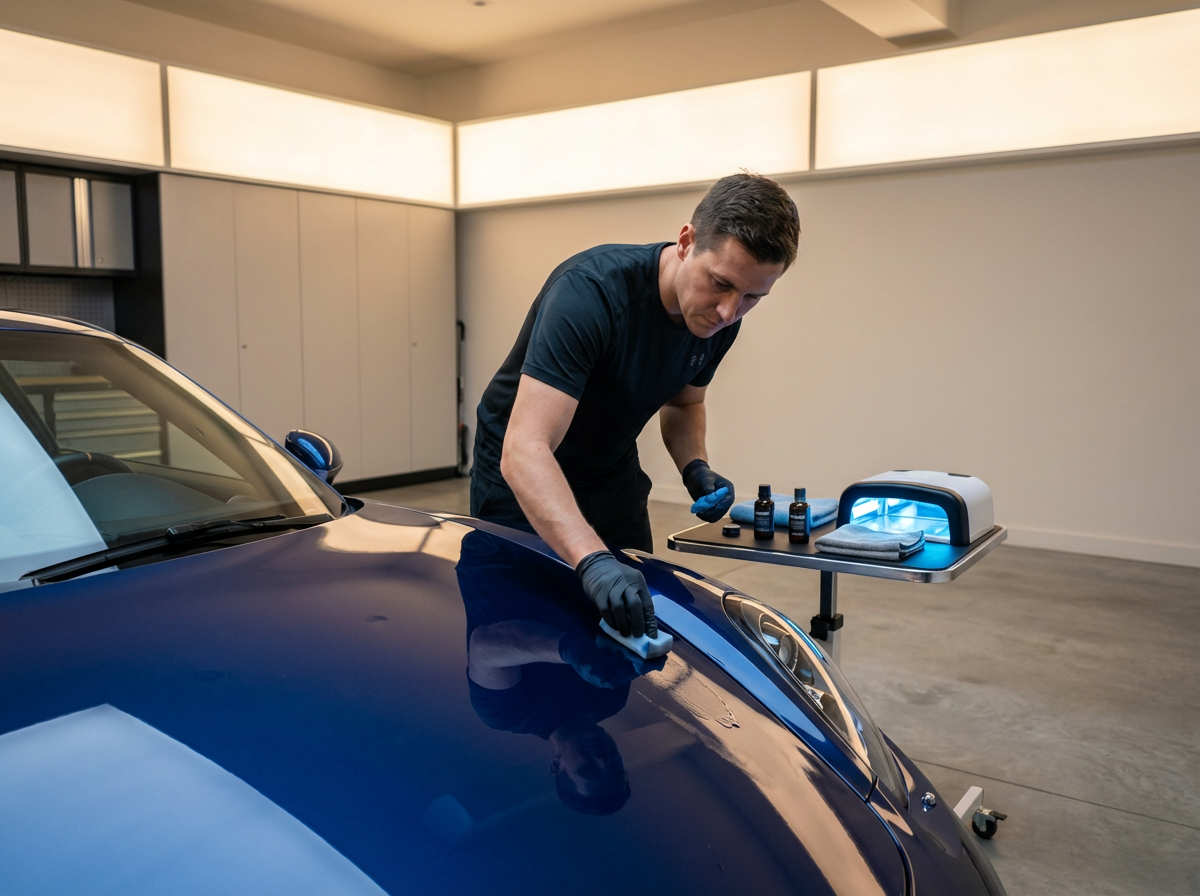 A man wearing black gloves polishing the hood of a blue sports car inside a well-lit garage or showroom, with bottles of car care products and a UV curing light on a small table nearby.