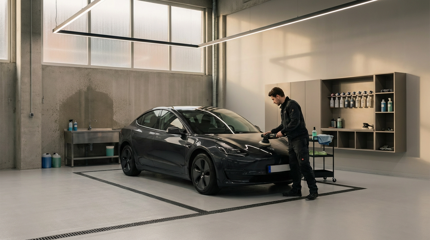 A person cleaning a black electric car inside a garage or workshop with shelves and cleaning supplies in the background.