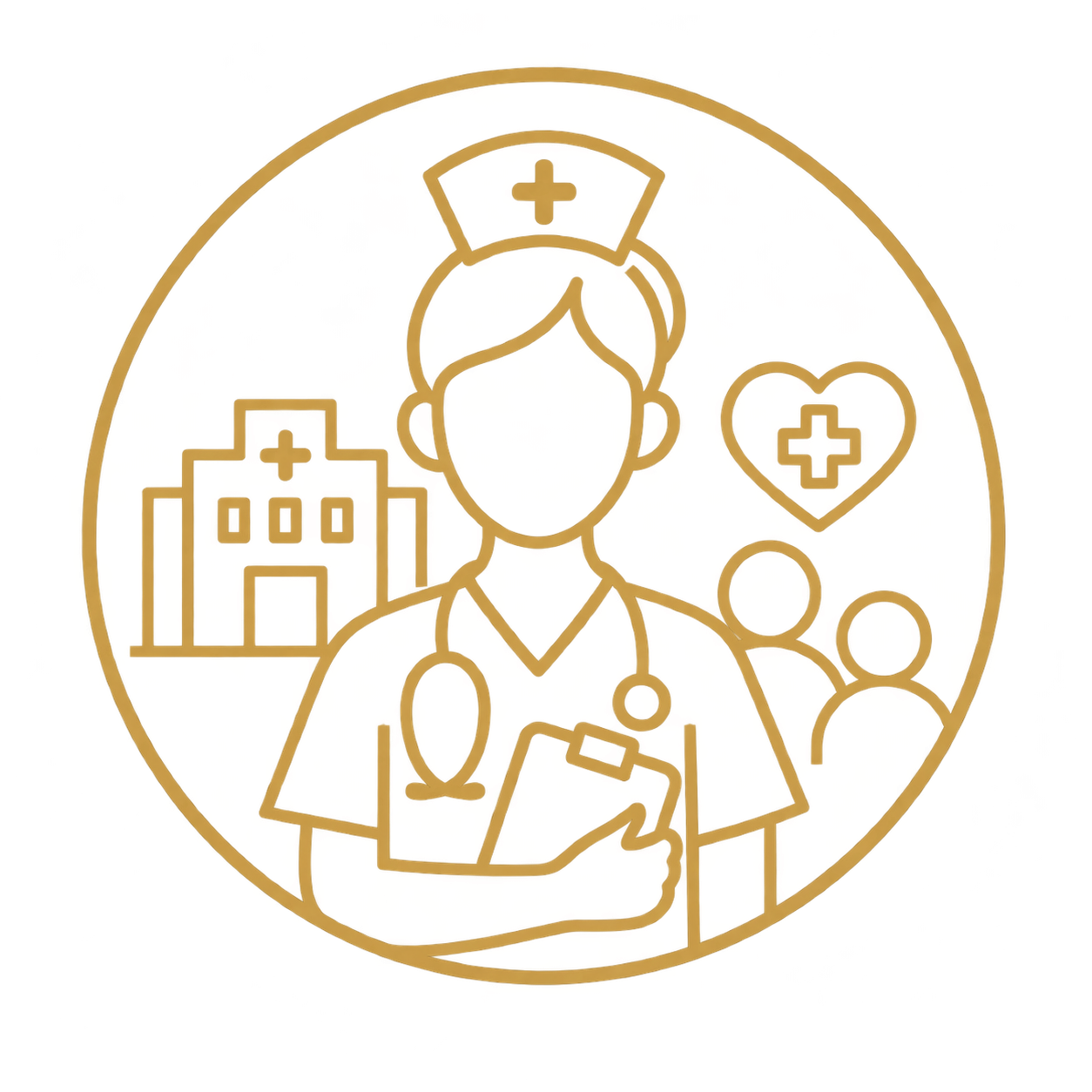 Stylized outline of a healthcare professional, with medical symbols, a building, and a heart with a medical cross, all enclosed in a circle.