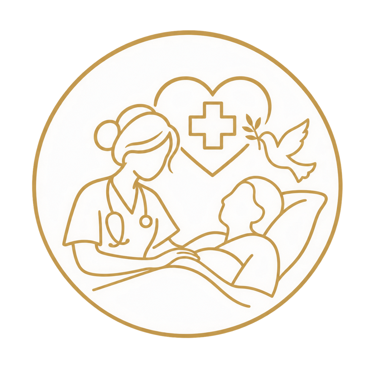 Line drawing of a nurse with a stethoscope talking to a patient lying in a hospital bed, with a heart, cross, and dove in the background symbolizing healthcare and peace.