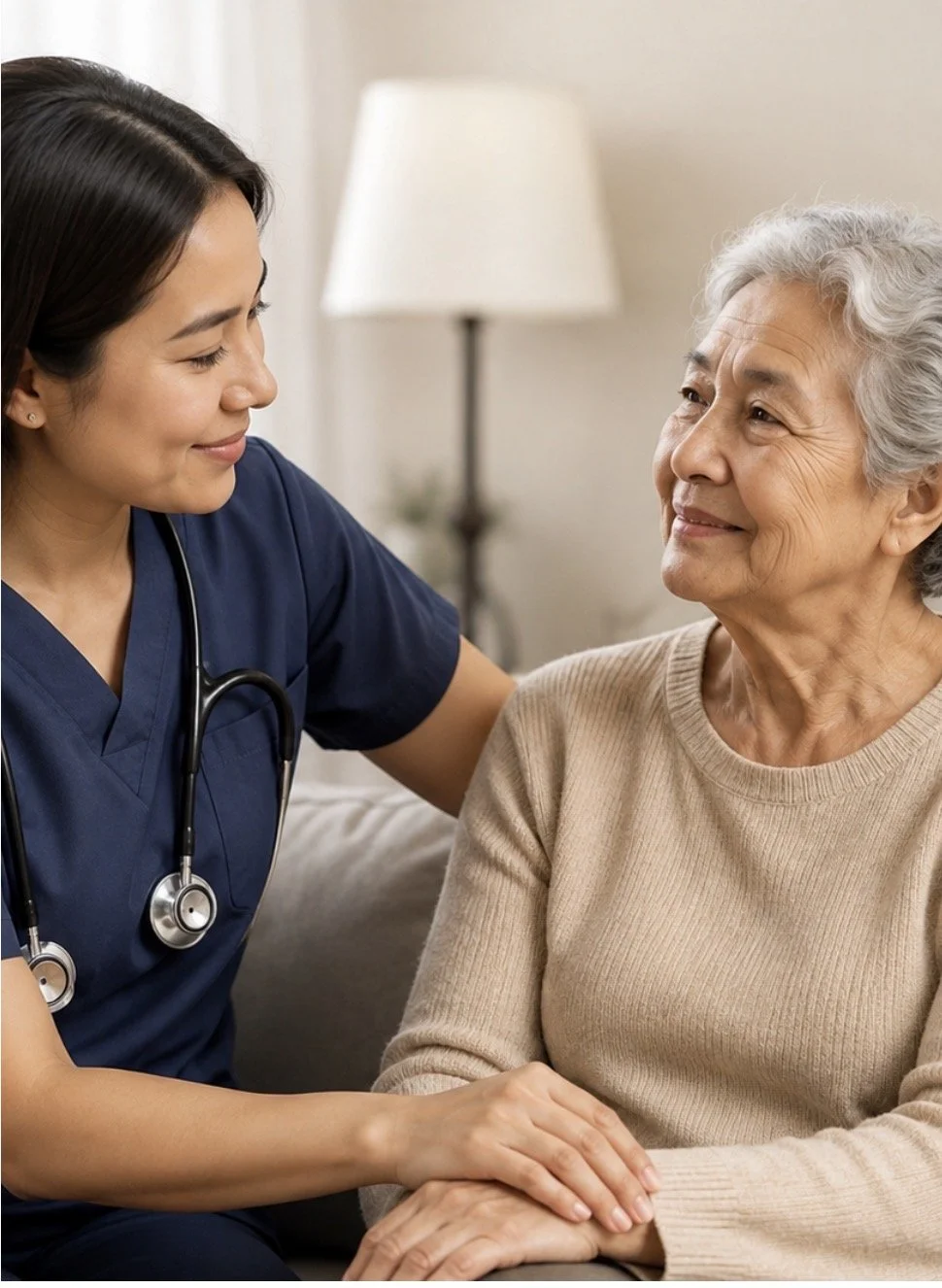 A young female healthcare professional smiling at an elderly woman, holding her hand in a caring gesture, in a cozy indoor setting.