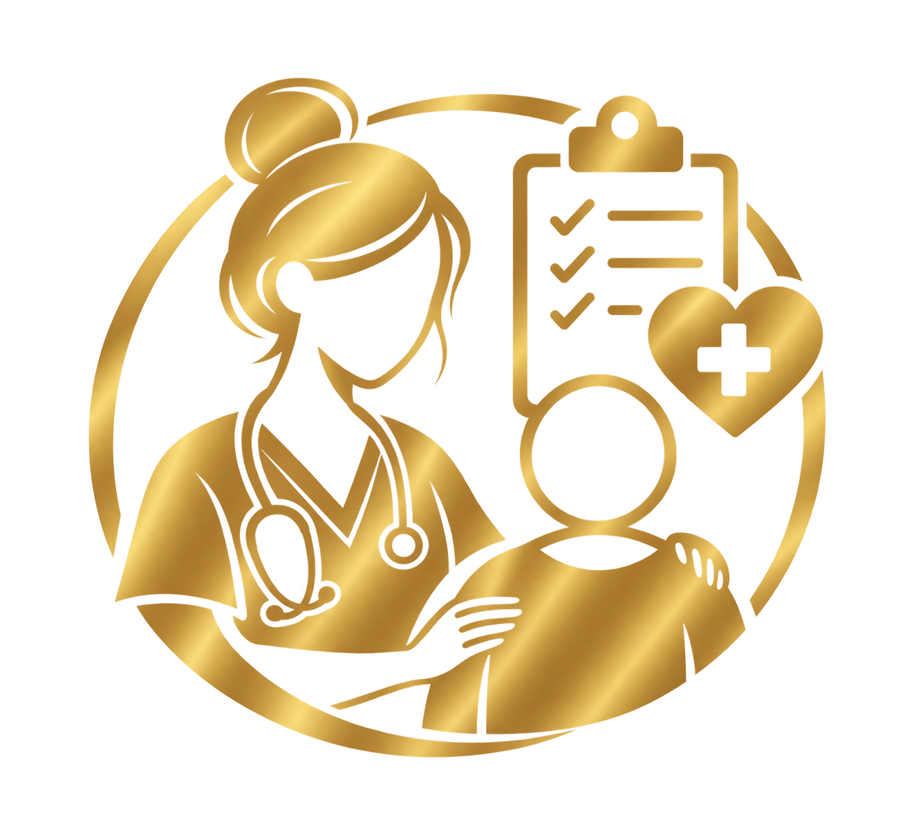 Gold-colored illustration of a healthcare professional with a stethoscope, a smartphone, a medical clipboard, and a heart with a medical cross, representing healthcare and medical services.